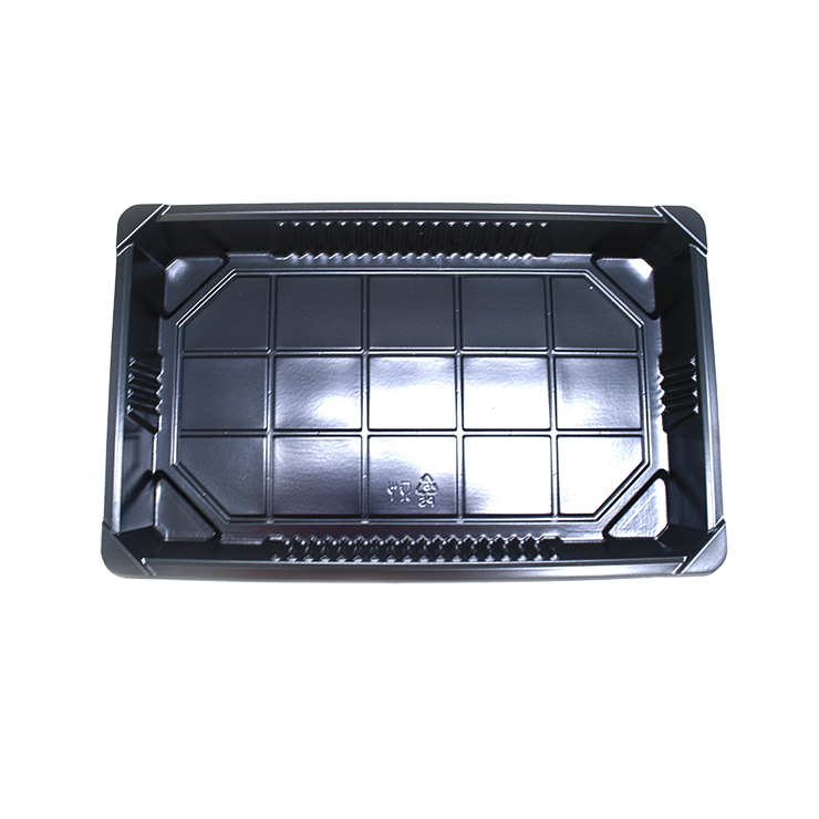 Contact Sunshine Supply for food containers like this extra large rectangular sushi tray with dome lid.