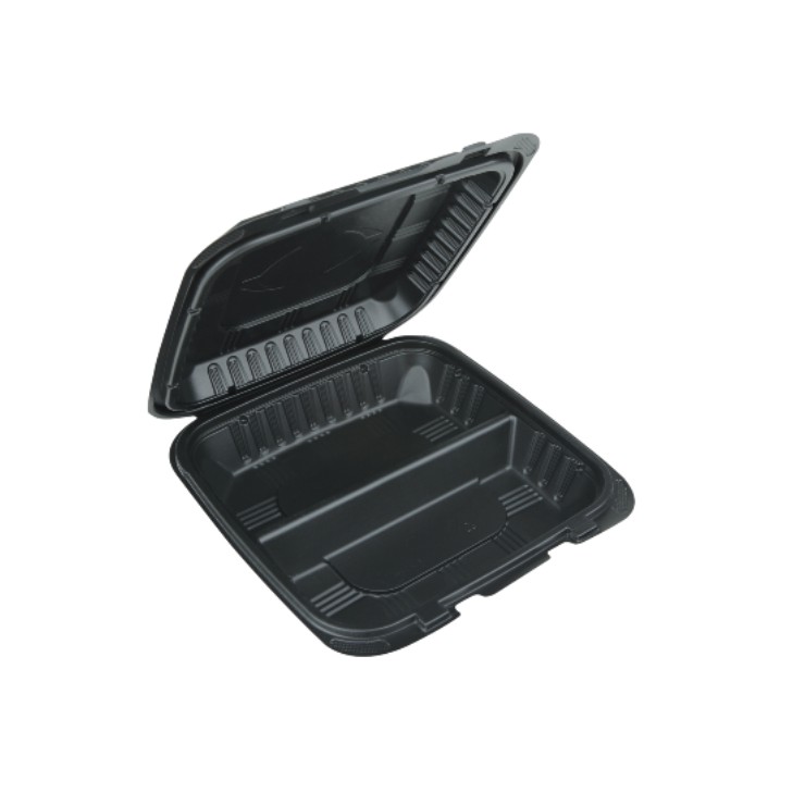 Square Microwaveable Black Plastic Hinged Take-Out Container - 8
